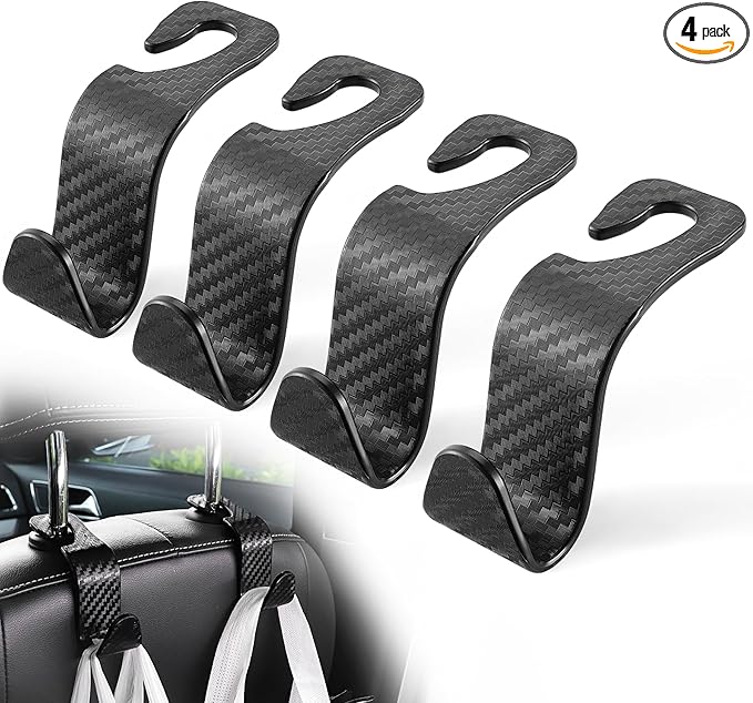 Car Seat Headrest Hook (A Pack of 4 Hanger) Universal Storage Organizer for Handbag, Purse, Coat ; fit Universal Vehicle Car -Black S Type