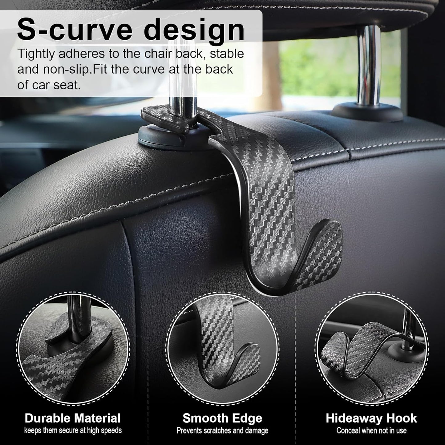 Car Seat Headrest Hook (A Pack of 4 Hanger) Universal Storage Organizer for Handbag, Purse, Coat ; fit Universal Vehicle Car -Black S Type
