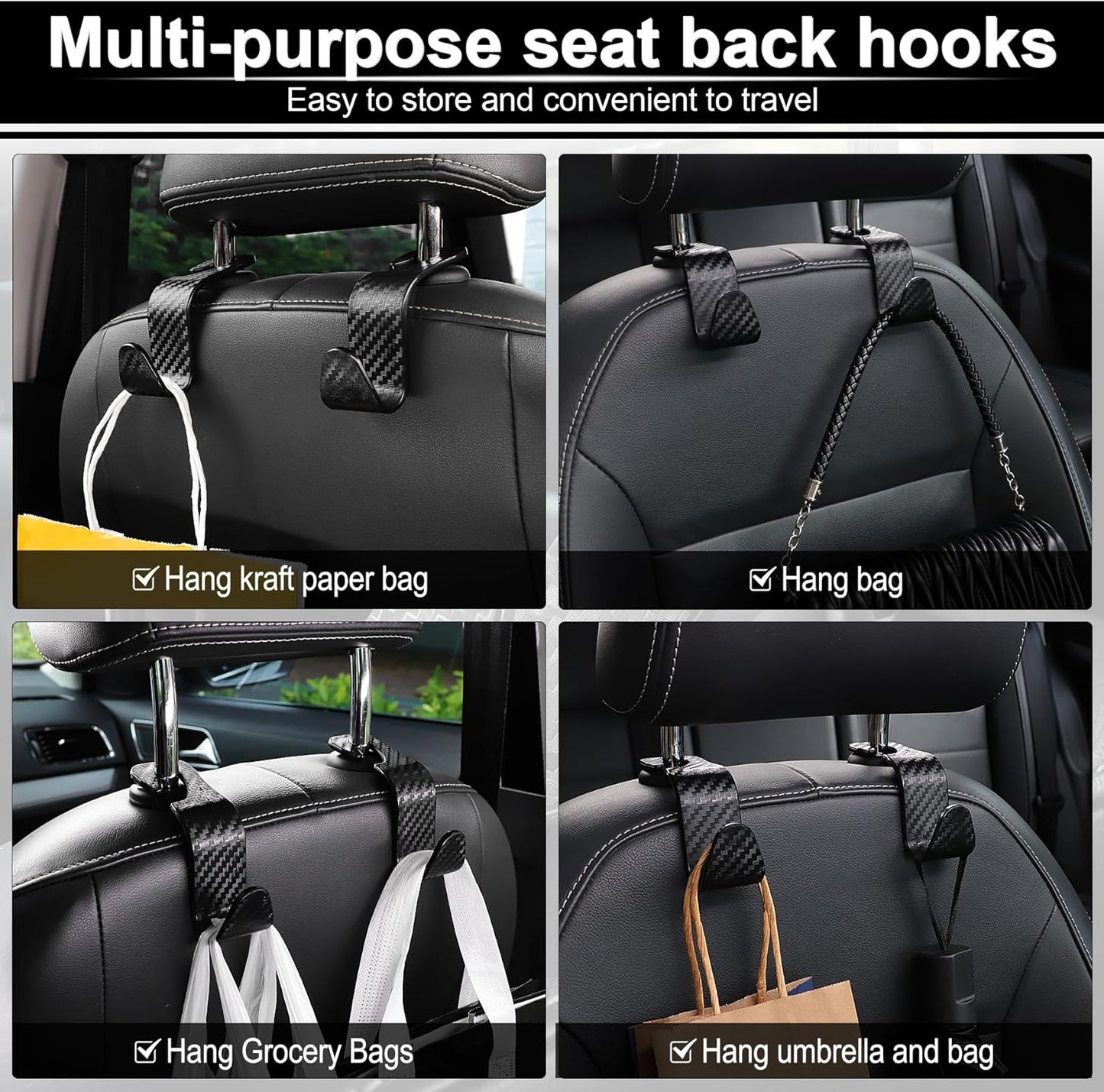 Car Seat Headrest Hook (A Pack of 4 Hanger) Universal Storage Organizer for Handbag, Purse, Coat ; fit Universal Vehicle Car -Black S Type