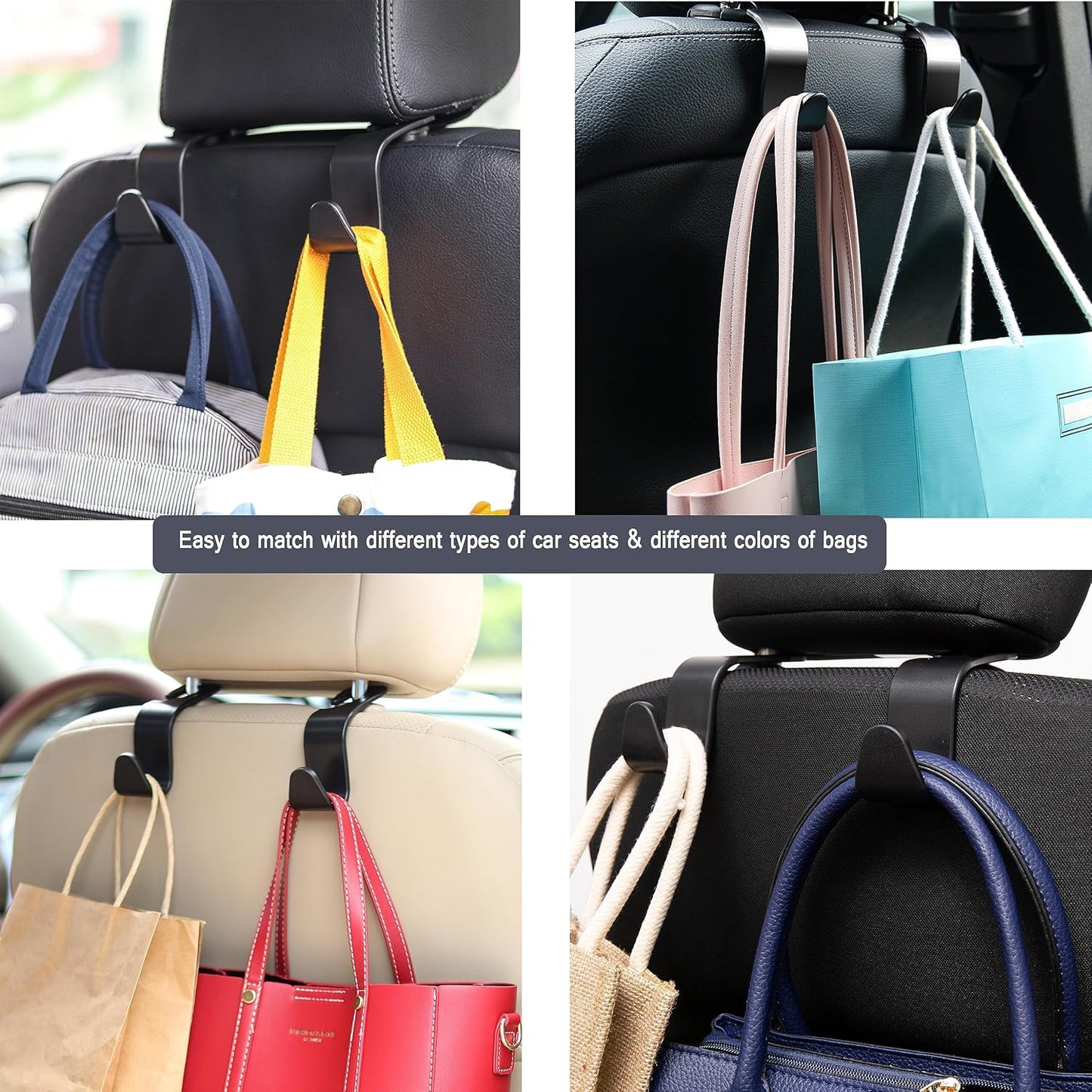 Car Seat Headrest Hook (A Pack of 4 Hanger) Universal Storage Organizer for Handbag, Purse, Coat ; fit Universal Vehicle Car -Black S Type